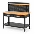 Banco da lavoro industriale 120 × 60 × 150 cm in acciaio nero e legno naturale con pannello portautensili, 2 cassetti e 2 ripiani