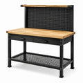 Banco da lavoro industriale 120 × 60 × 150 cm in acciaio nero e legno naturale con 2 cassetti, pannello portautensili e ripiano