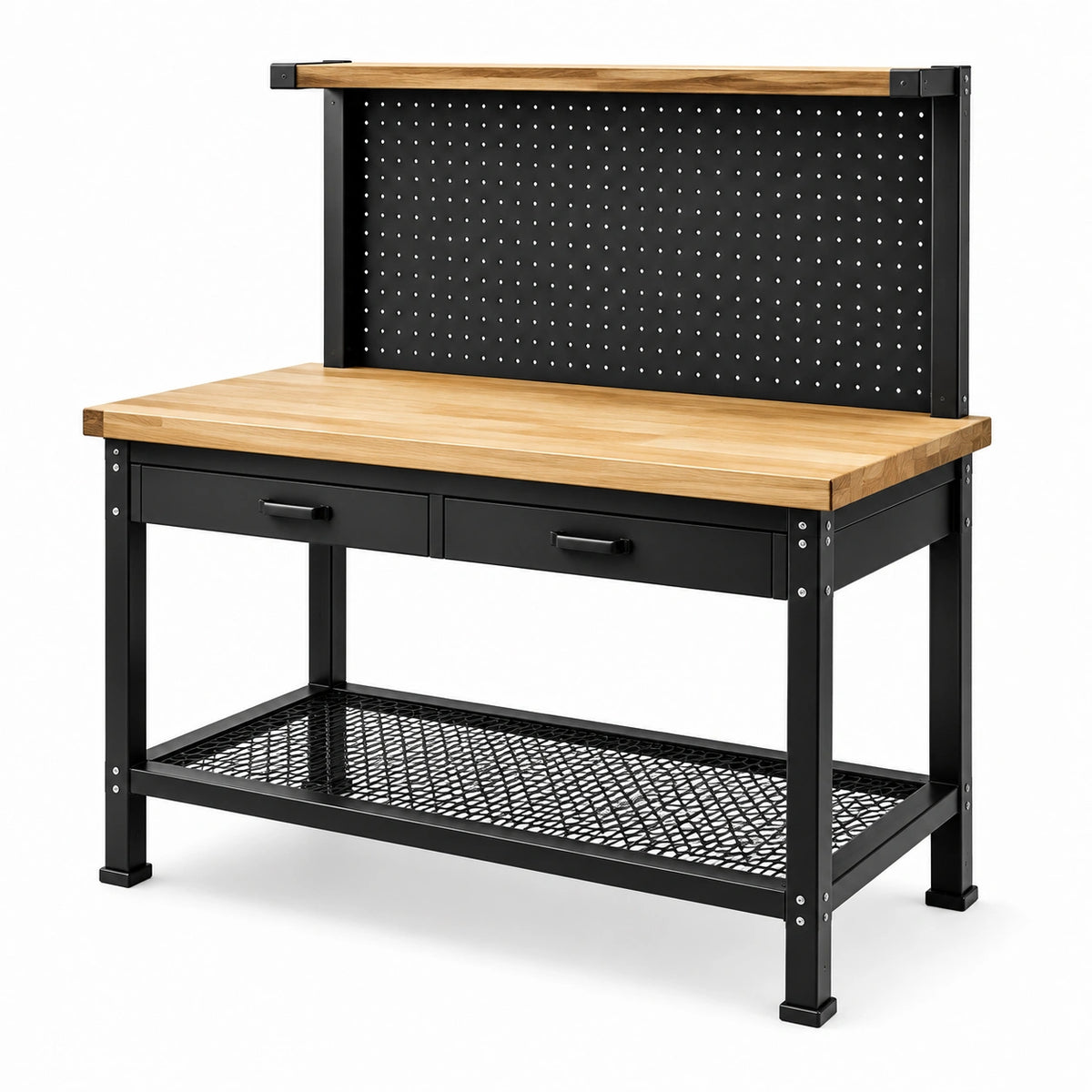 Banco da lavoro industriale 120 × 60 × 150 cm in acciaio nero e legno naturale con 2 cassetti, pannello portautensili e ripiano