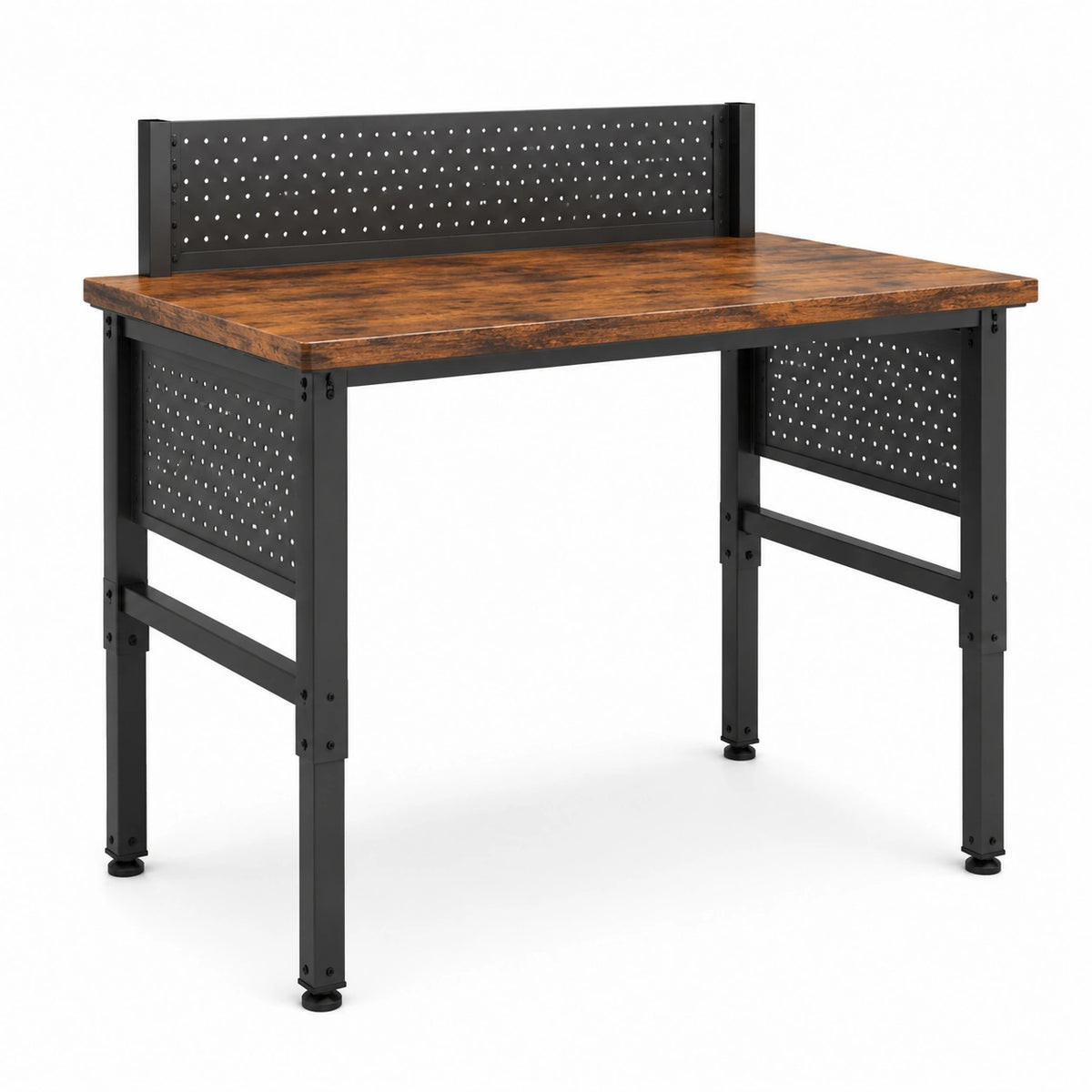 Banco da lavoro con pannelli portautensili, 120 × 60 × 150 cm, acciaio nero e legno ingegnerizzato marrone rustico
