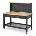 Banco da lavoro industriale 120 × 60 × 155 cm in acciaio nero e legno marrone chiaro con pannello forato, 2 cassetti e 2 ripiani