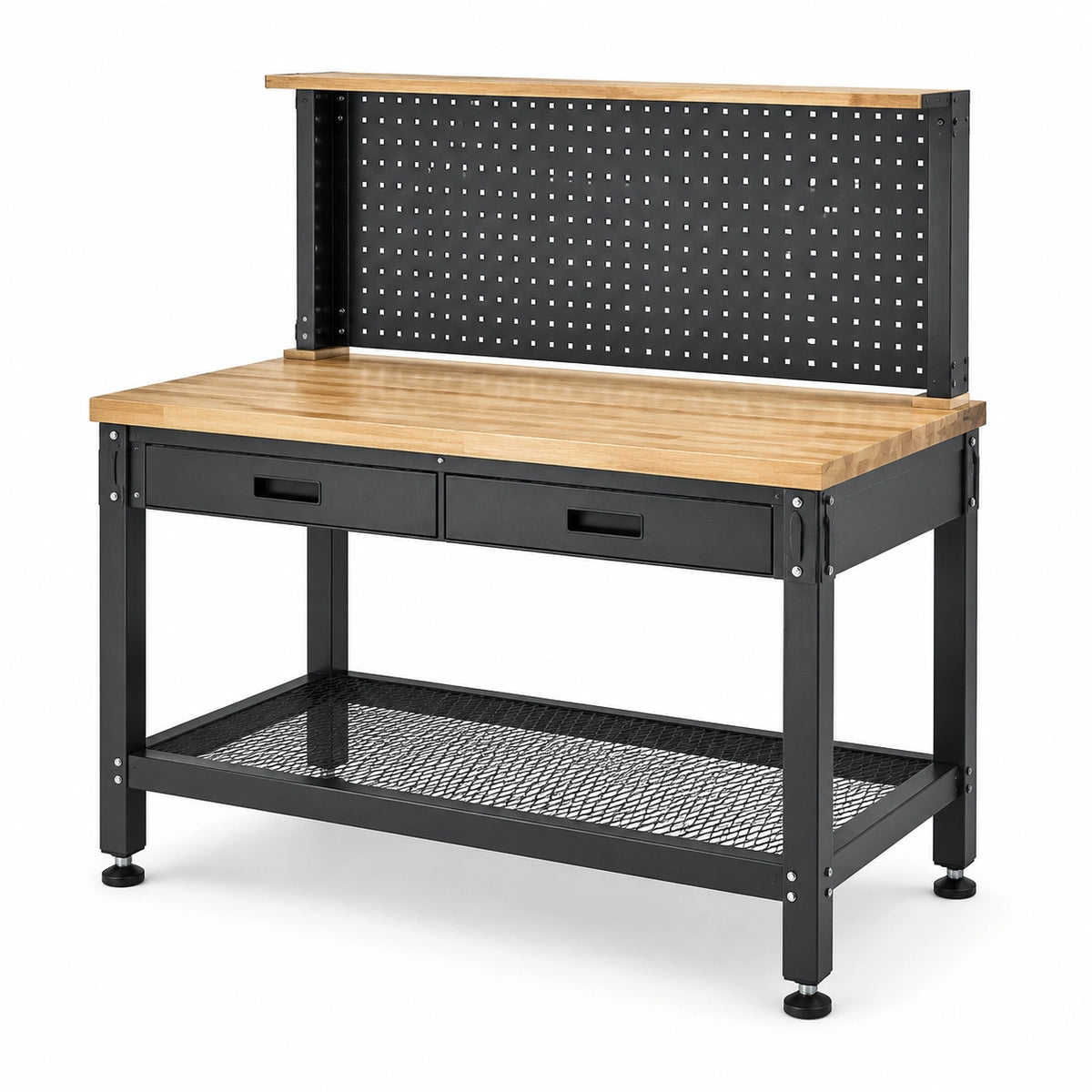 Banco da lavoro industriale 120 × 60 × 155 cm in acciaio nero e legno marrone chiaro con pannello forato, 2 cassetti e 2 ripiani