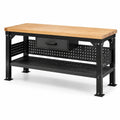 Banco da lavoro in legno naturale e acciaio nero 120 × 60 × 85 cm con cassetto, ripiano e pannelli forati