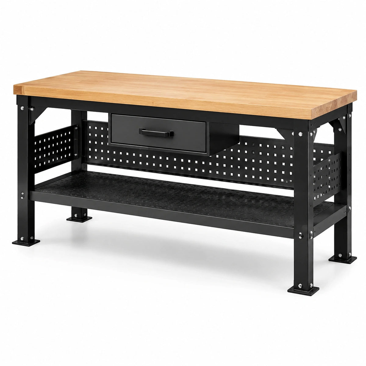 Banco da lavoro in legno naturale e acciaio nero 120 × 60 × 85 cm con cassetto, ripiano e pannelli forati