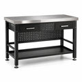 Banco da lavoro industriale nero e argento 120 × 60 × 90 cm con piano in acciaio inox, 2 cassetti, pannello forato e ripiano