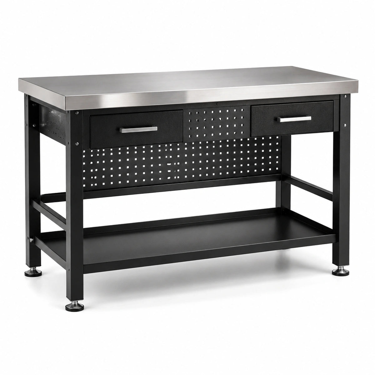 Banco da lavoro industriale nero e argento 120 × 60 × 90 cm con piano in acciaio inox, 2 cassetti, pannello forato e ripiano