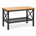 Banco da lavoro industriale 120 × 60 × 90 cm in legno lamellare naturale e acciaio nero con ripiano inferiore
