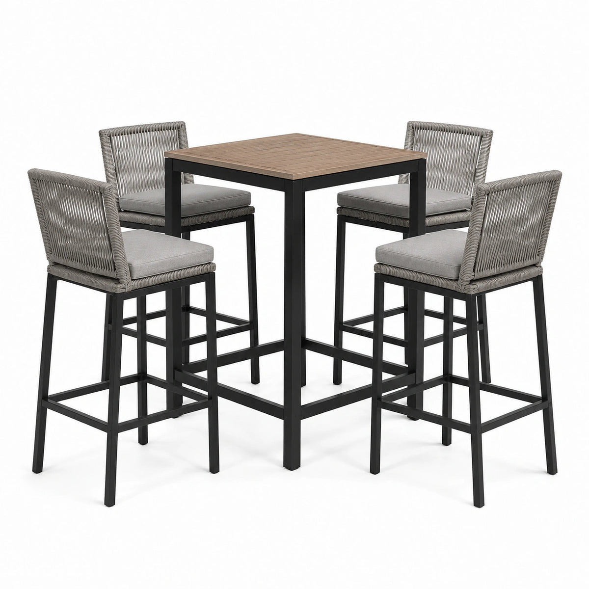 Set da pranzo da esterno 5 pezzi nero, grigio e marrone, tavolo alto 90 × 90 × 95 cm e 4 sgabelli 56 × 58 × 105 cm