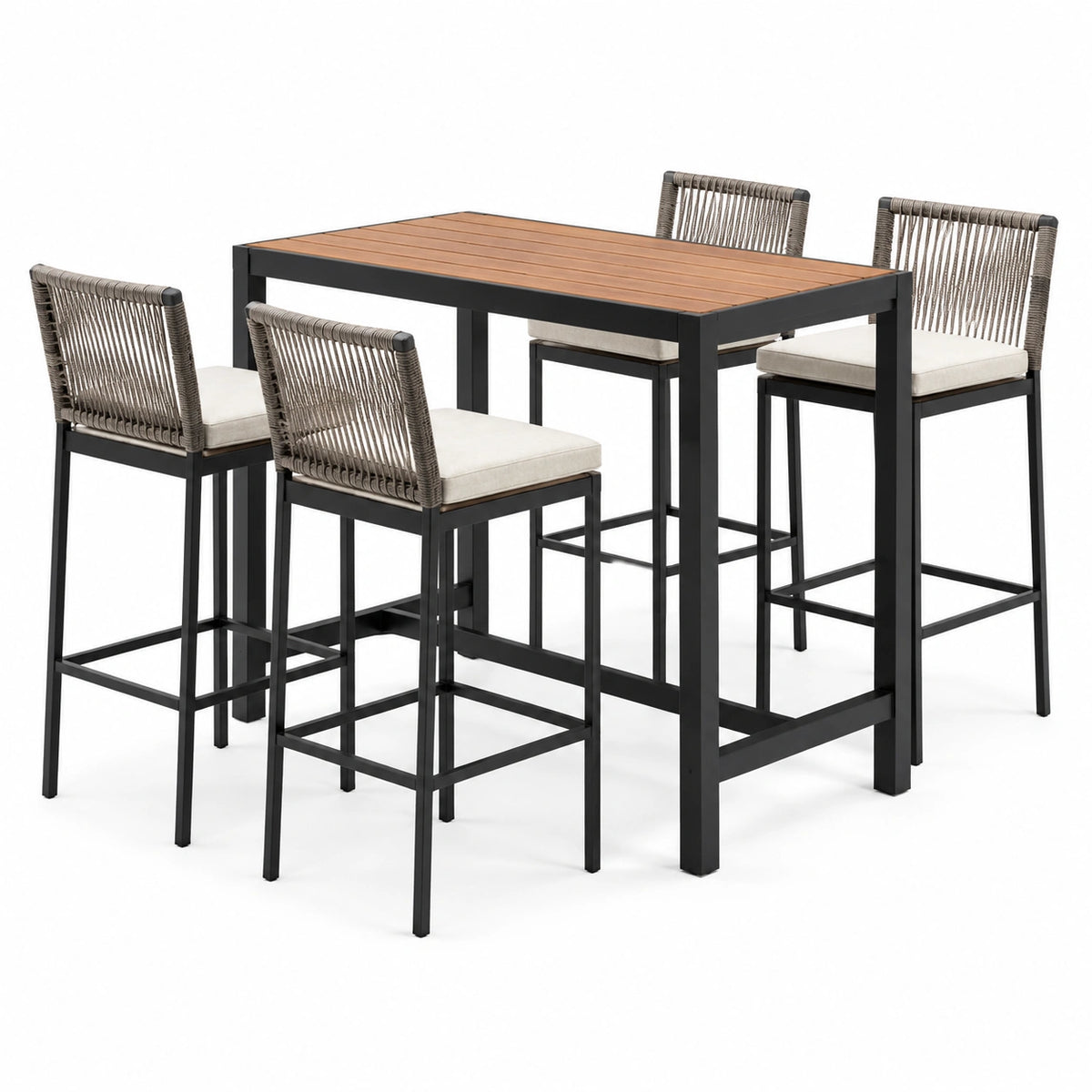 Set da pranzo da esterno 5 pezzi con tavolo alto 120 × 70 × 90 cm e 4 sedie 45 × 50 × 105 cm, nero, marrone, tortora e crema