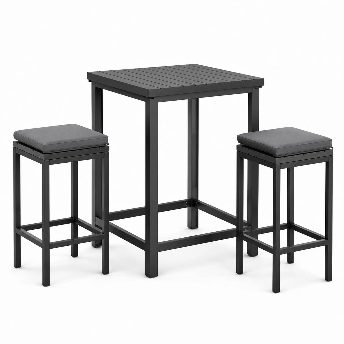 Set da esterno 3 pezzi nero e grigio con tavolo alto 60 × 60 × 95 cm e 2 sgabelli imbottiti 40 × 40 × 70 cm