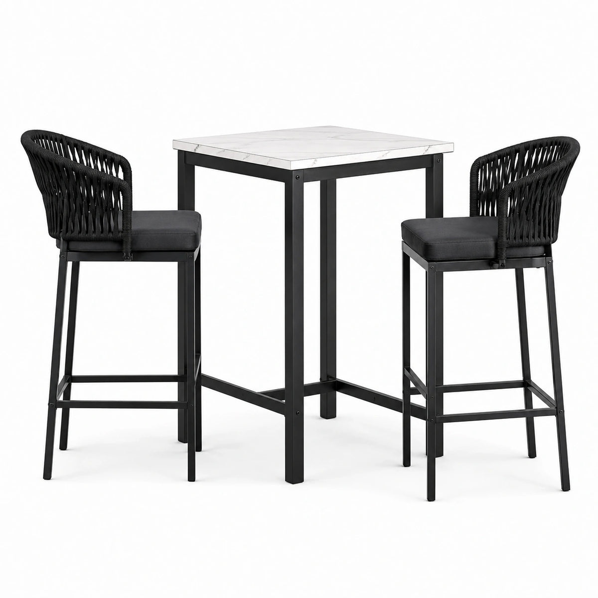 Set nero e bianco con tavolo alto 70 × 70 × 95 cm e 2 sgabelli 55 × 54 × 103 cm, piano effetto marmo