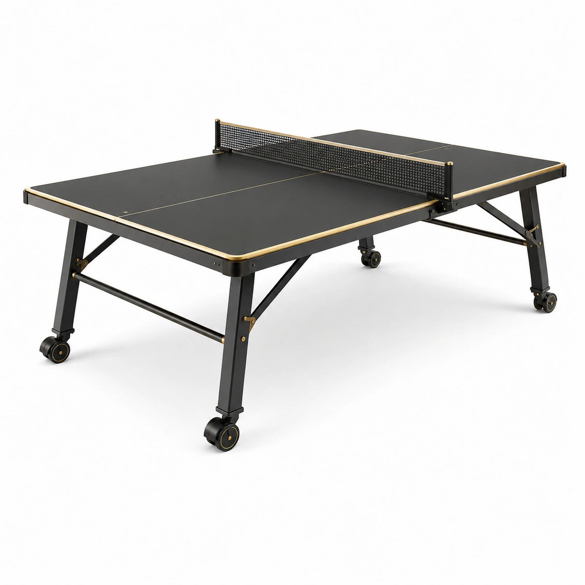 Tavolo da ping pong richiudibile con rete e ruote, 274 × 152,5 × 76 cm, nero e oro