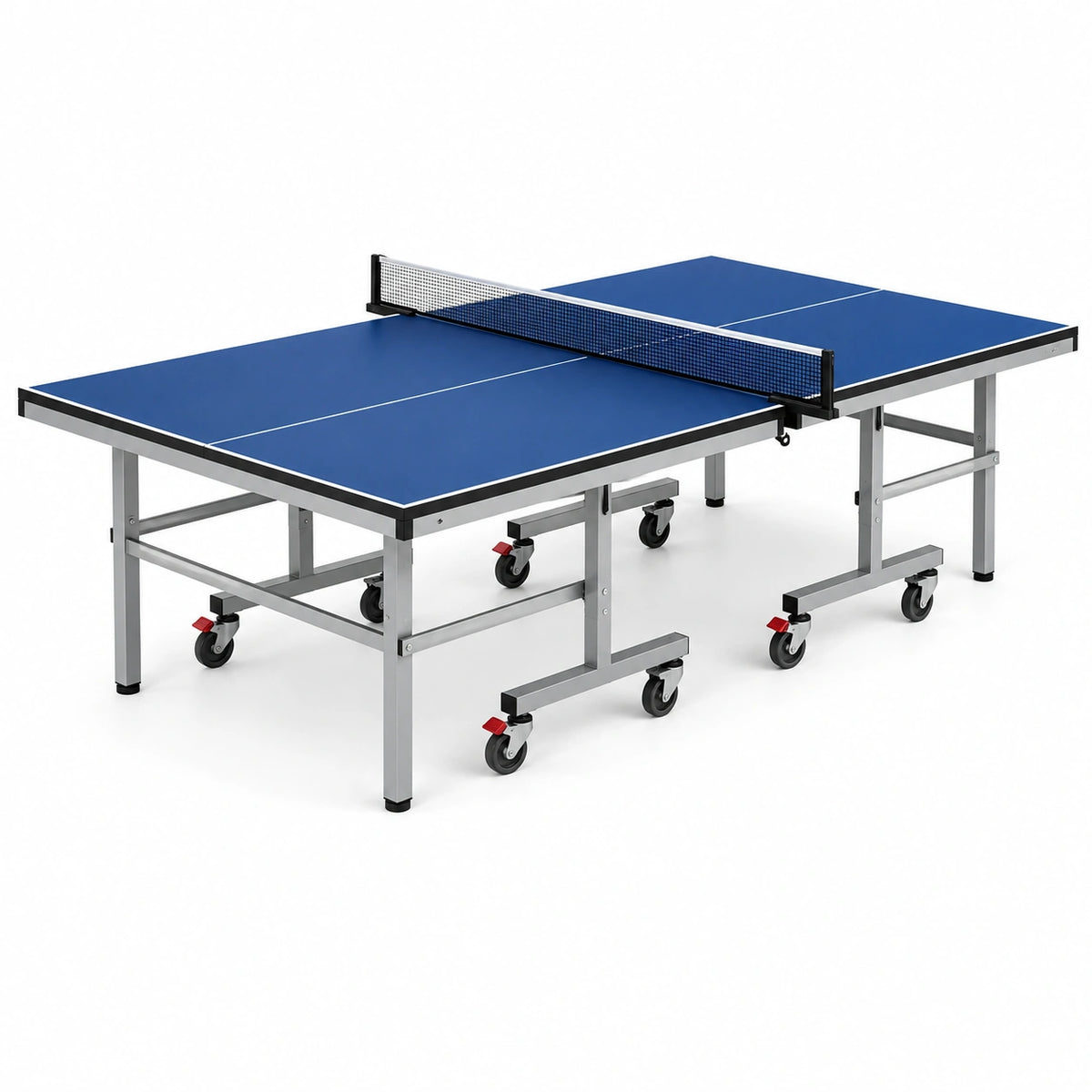Tavolo da ping pong pieghevole 274 × 152,5 × 76 cm in MDF e acciaio, blu, argento e nero, con rete e ruote frenanti