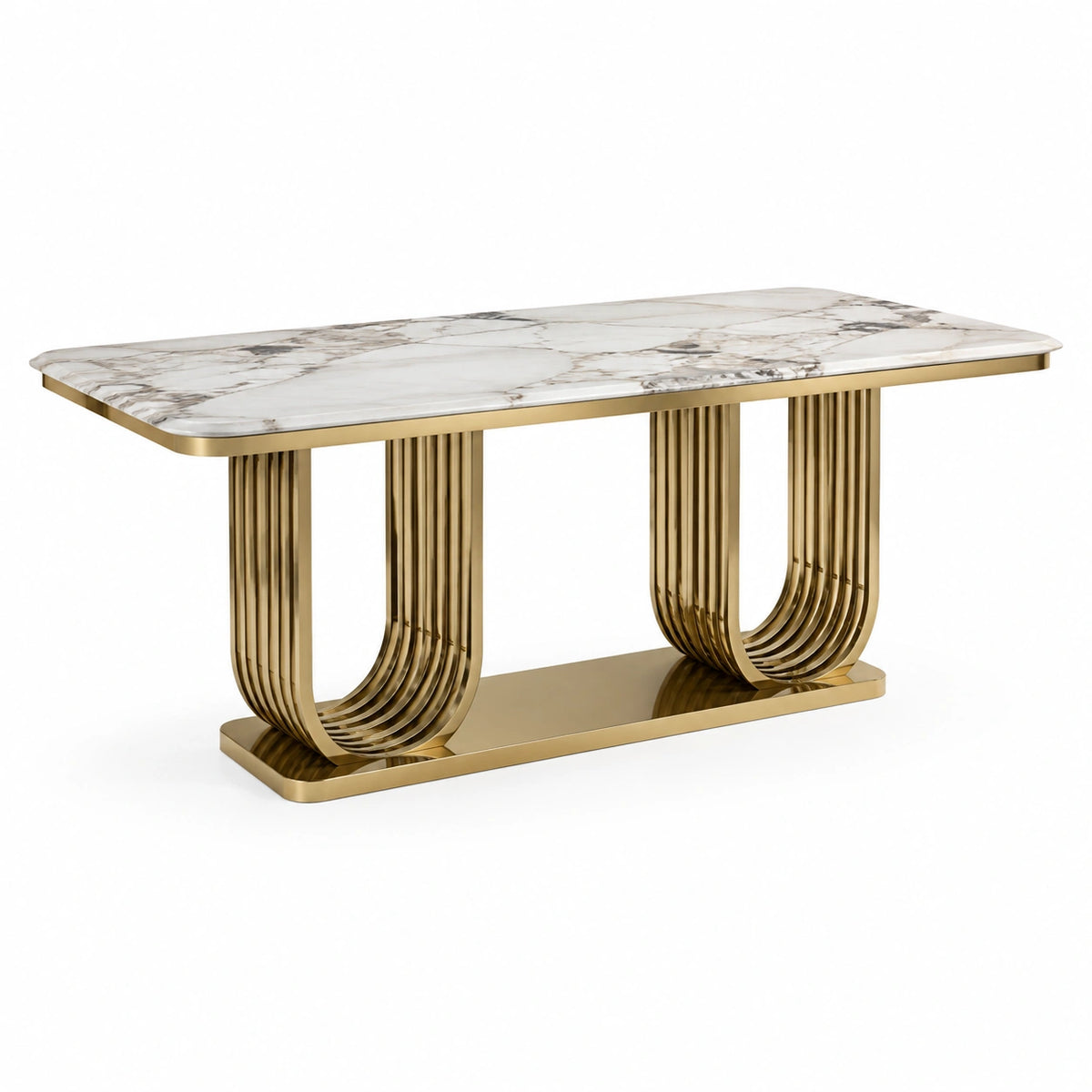 Tavolo rettangolare contemporaneo 180 × 90 × 76 cm, bianco effetto marmo con venature grigie e struttura dorata
