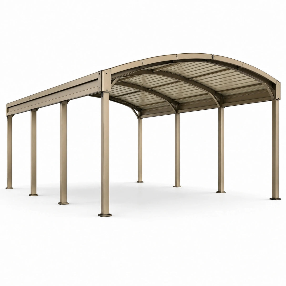 Tettoia autoportante in metallo beige con copertura curva, 600 × 600 × 280 cm