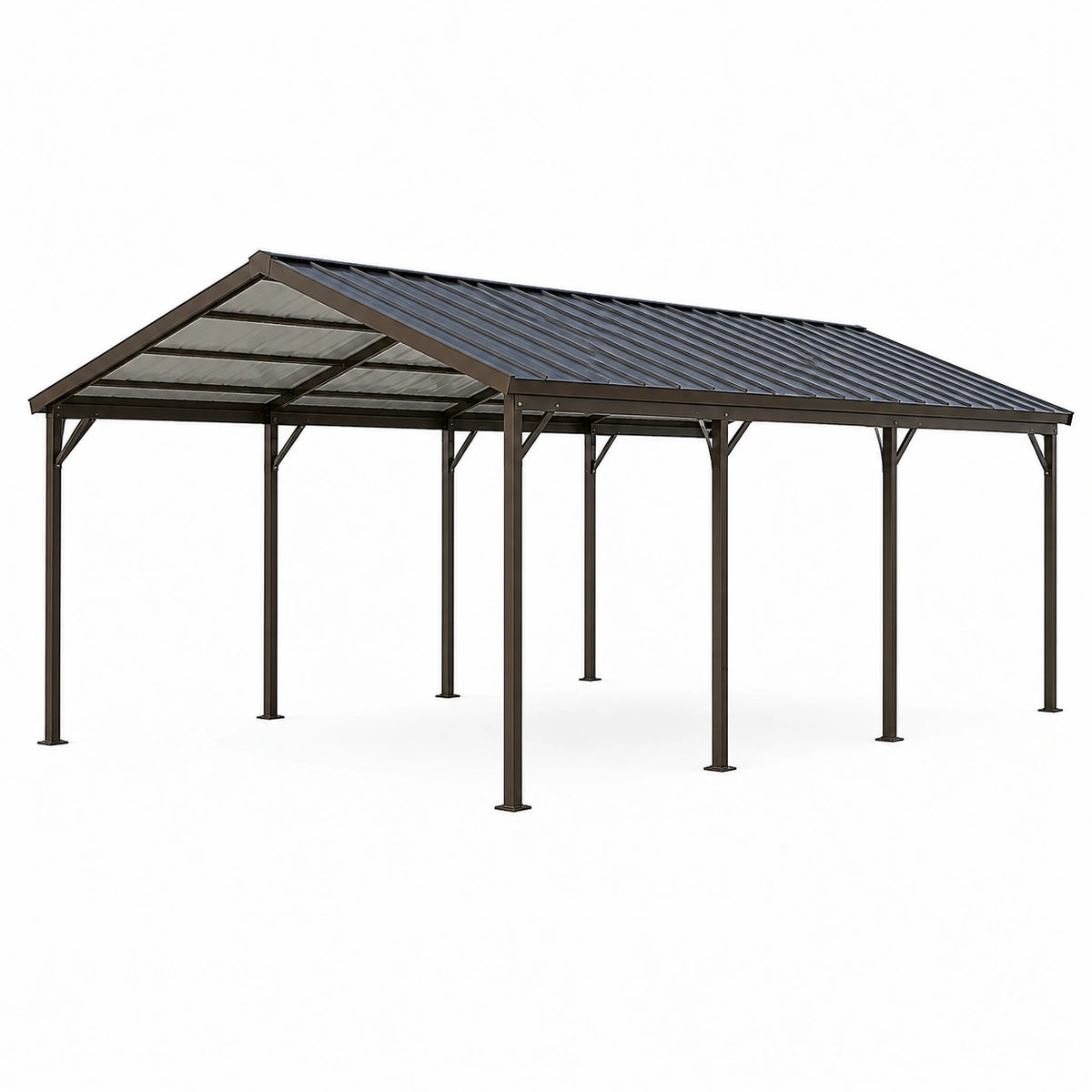 Gazebo da giardino marrone scuro 600 × 360 × 280 cm in acciaio con tetto rigido a due falde