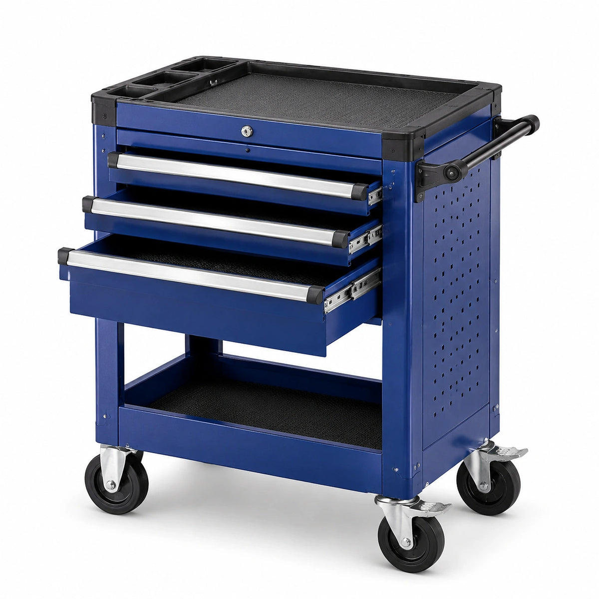 Carrello portautensili in acciaio blu con dettagli neri e argentati, 4 cassetti, ruote e ripiano, 75 × 40 × 86 cm