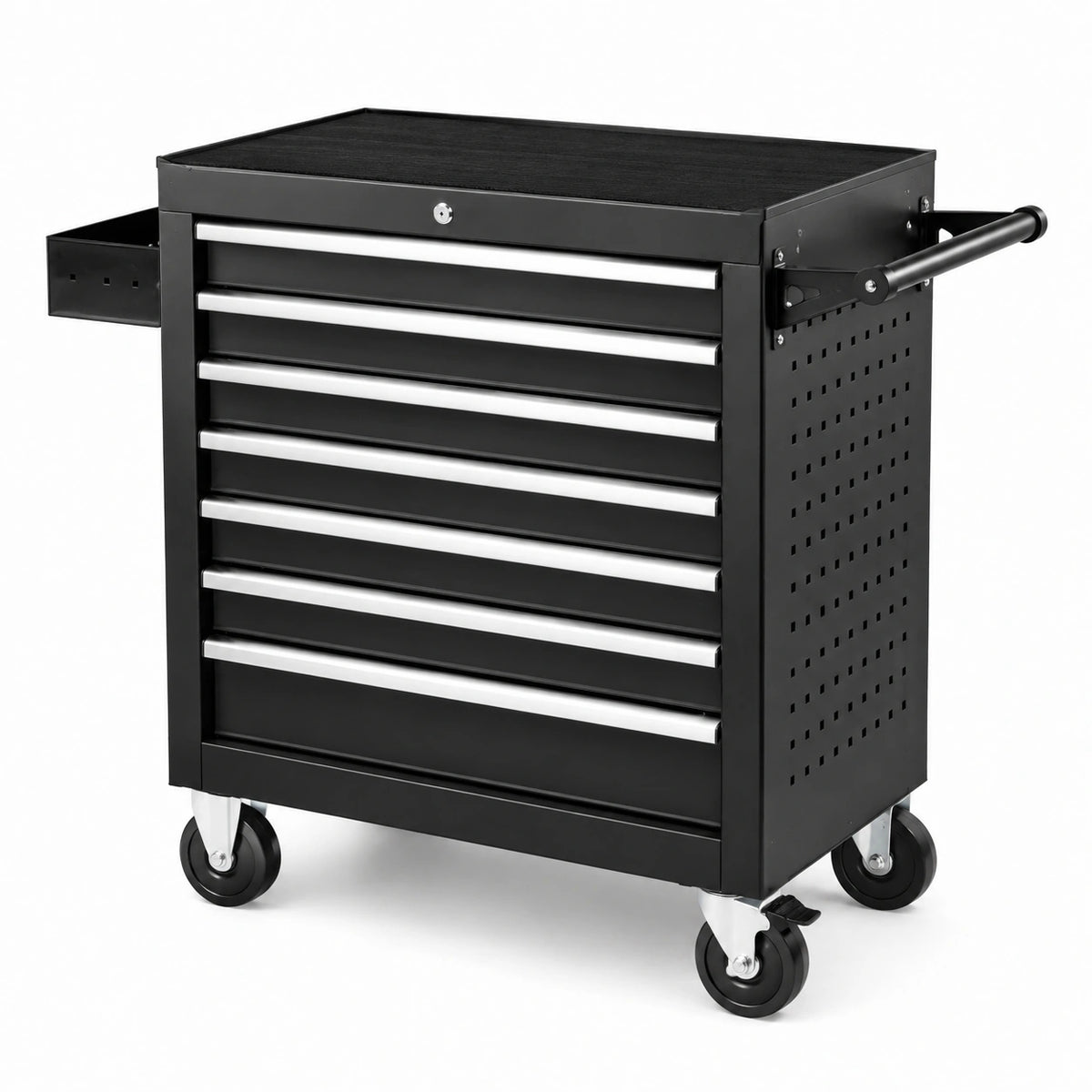 Carrello portautensili in acciaio nero e argento, 77 × 46 × 96 cm, con 7 cassetti, serratura e 4 ruote