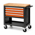 Carrello portautensili mobile nero e arancione 80 × 40 × 90 cm con 4 cassetti, piano in legno e ruote con freno