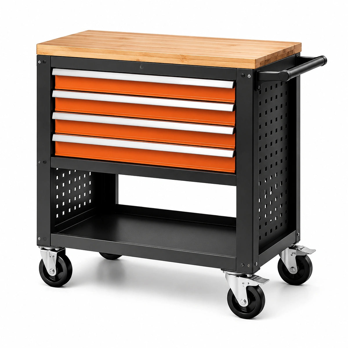 Carrello portautensili mobile nero e arancione 80 × 40 × 90 cm con 4 cassetti, piano in legno e ruote con freno