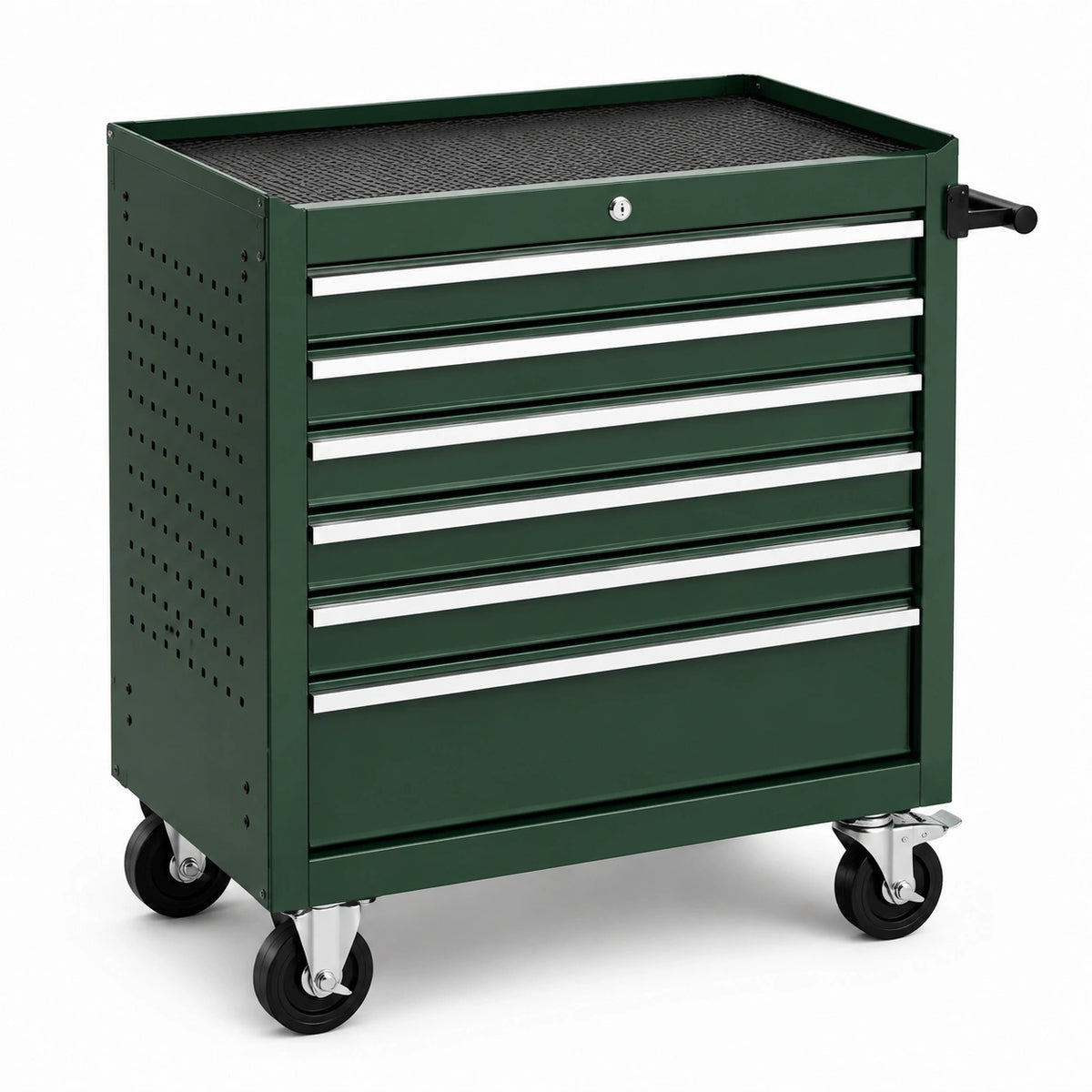 Carrello portautensili verde scuro con 6 cassetti, serratura e 4 ruote, 69 × 46 × 88 cm