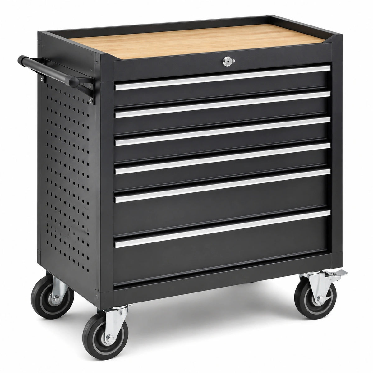 Carrello portautensili nero in acciaio con 6 cassetti, piano in legno, serratura e 4 ruote, 69 × 46 × 77 cm