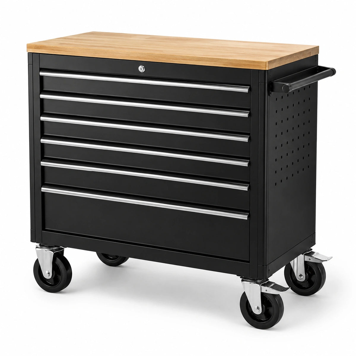 Cassettiera mobile in acciaio nero con 6 cassetti, piano in legno e serratura, 94 × 48 × 95 cm