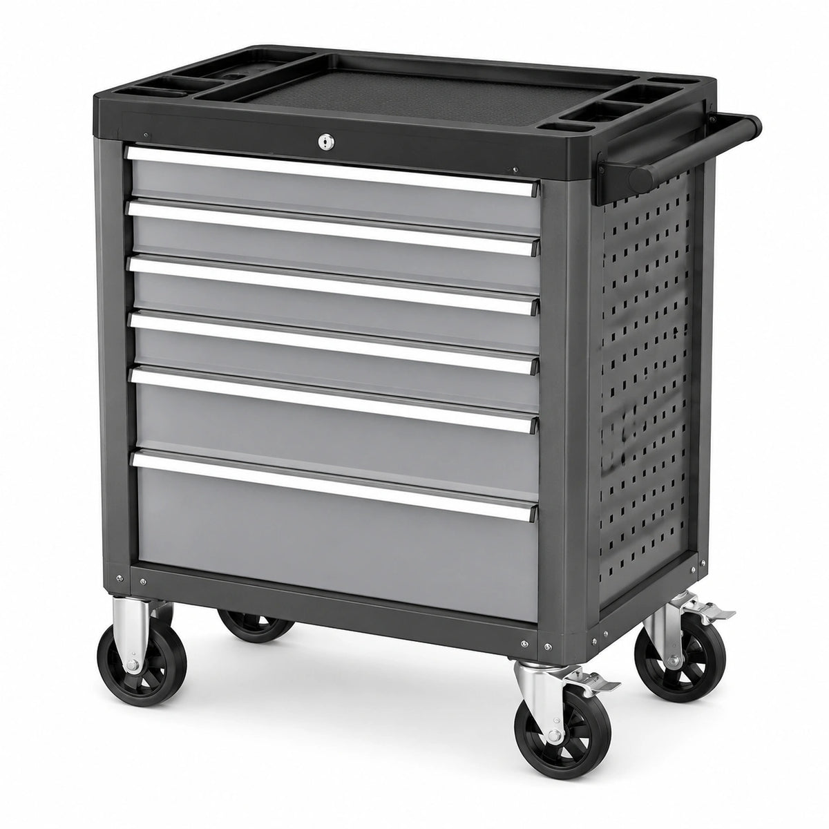 Struttura professionale in acciaio nero e grigio con 6 cassetti, serratura, maniglia e ruote, 78 × 46 × 97 cm