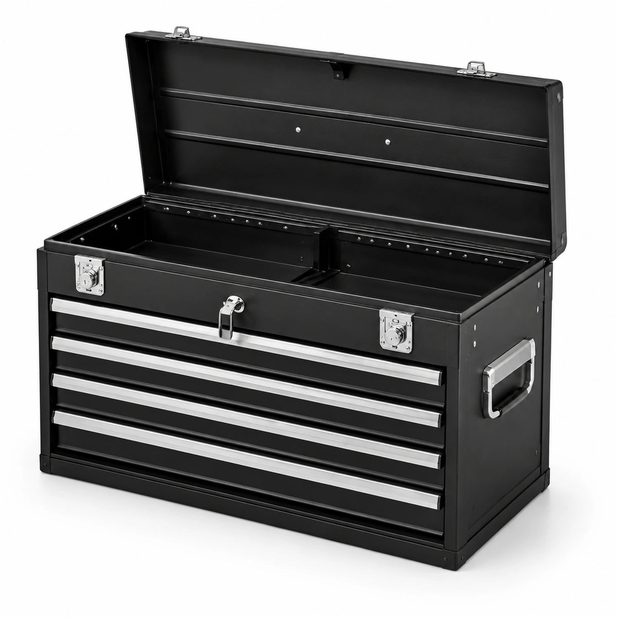 Cassettiera portautensili in acciaio nero e argento, 66 × 31 × 37 cm, 4 cassetti, vano superiore e serrature