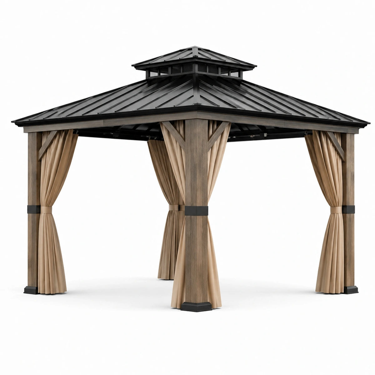 Gazebo da giardino 365 × 365 × 310 cm marrone effetto legno e nero con tende beige e tetto rigido ventilato