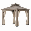 Gazebo da giardino 300 × 300 × 290 cm grigio talpa e beige con struttura in alluminio, tetto rigido ventilato e tende