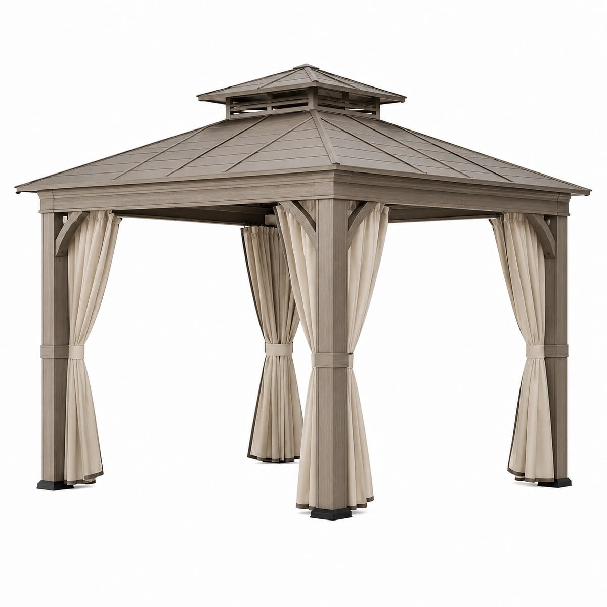 Gazebo da giardino 300 × 300 × 290 cm grigio talpa e beige con struttura in alluminio, tetto rigido ventilato e tende