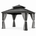 Gazebo da giardino in metallo antracite con tetto rigido e tende grigie, 300 × 300 × 285 cm