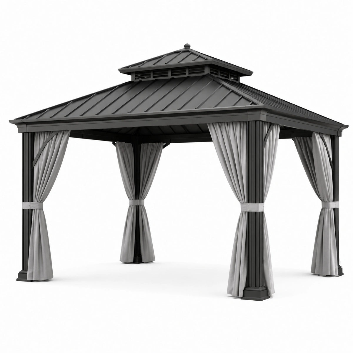 Gazebo da giardino in metallo antracite con tetto rigido e tende grigie, 300 × 300 × 285 cm