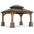 Gazebo da giardino rettangolare 400 × 300 × 320 cm in legno marrone con tetto rigido antracite e basamenti grigi
