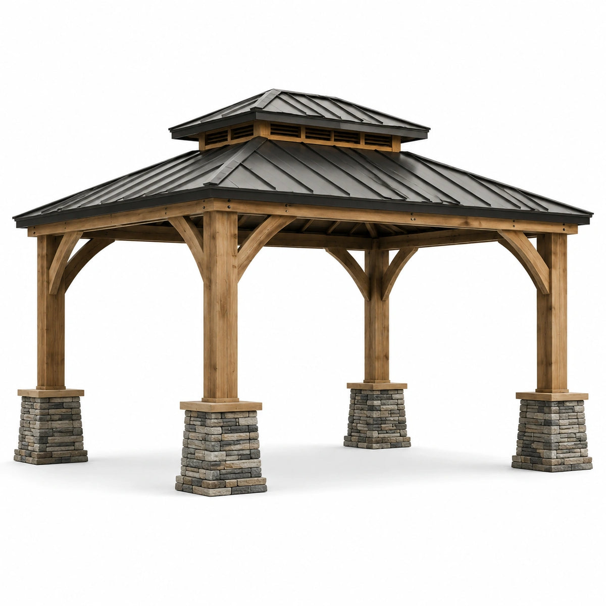 Gazebo da giardino rettangolare 400 × 300 × 320 cm in legno marrone con tetto rigido antracite e basamenti grigi
