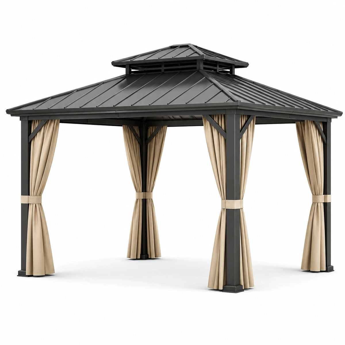 Gazebo da giardino in metallo antracite con tetto rigido ventilato e tende beige, 400 × 300 × 290 cm