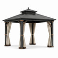 Gazebo da giardino 300 × 300 × 290 cm in metallo nero con tetto rigido a doppio livello e tende beige richiudibili