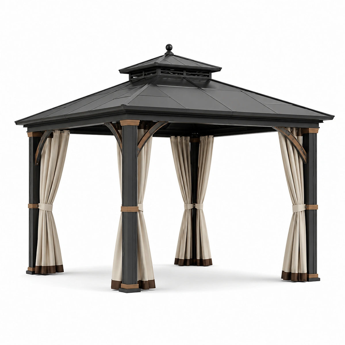 Gazebo da giardino 300 × 300 × 290 cm in metallo nero con tetto rigido a doppio livello e tende beige richiudibili