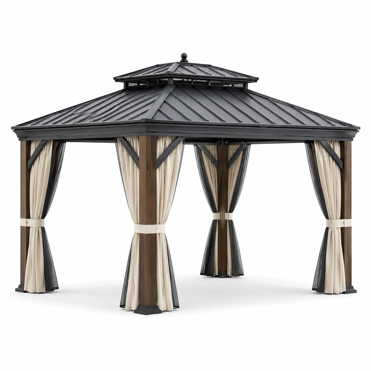 Gazebo da giardino 300 x 400 x 280 cm marrone, nero e beige con tetto rigido e tende laterali