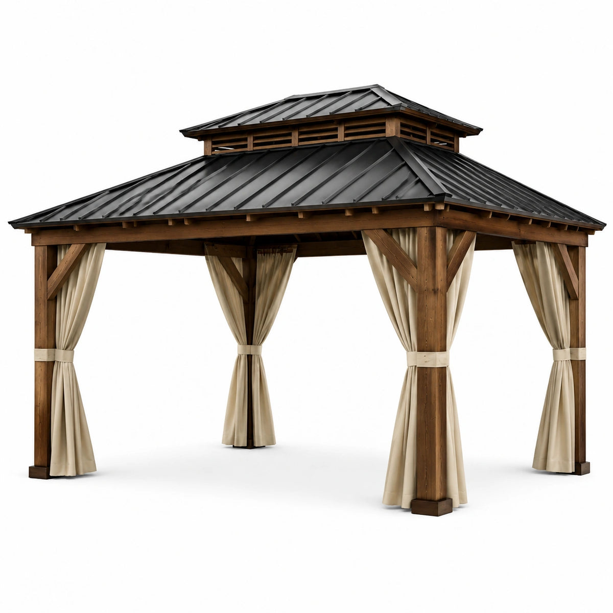 Gazebo da giardino in legno marrone 400 × 300 × 300 cm con tetto rigido antracite e tende beige