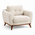 Poltrona moderna in bouclé avorio con gambe in legno marrone, 115 × 95 × 90 cm