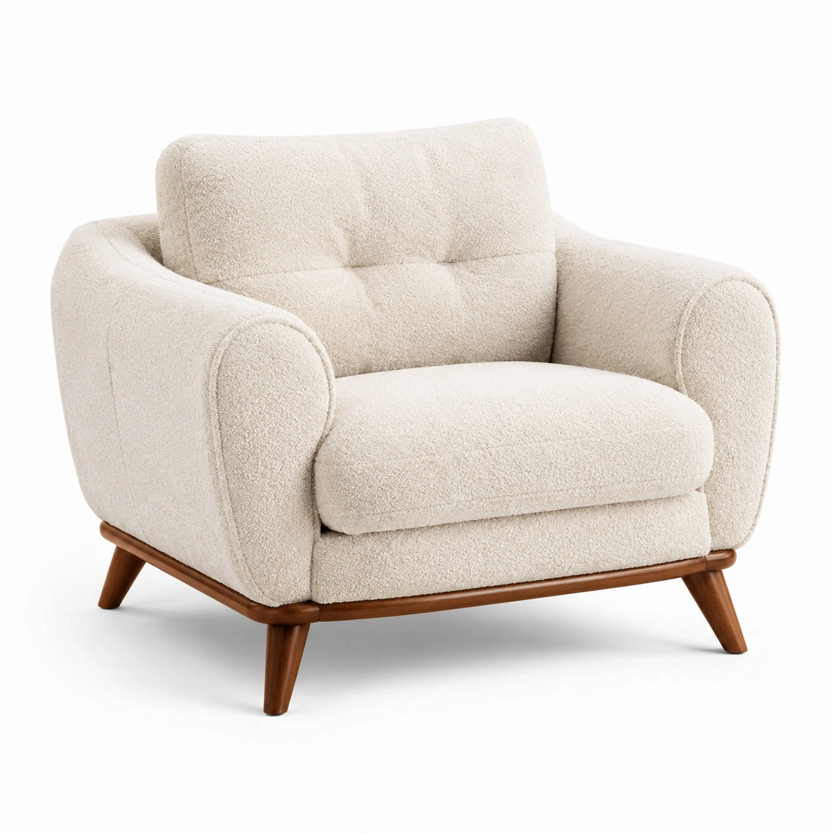 Poltrona moderna in bouclé avorio con gambe in legno marrone, 115 × 95 × 90 cm