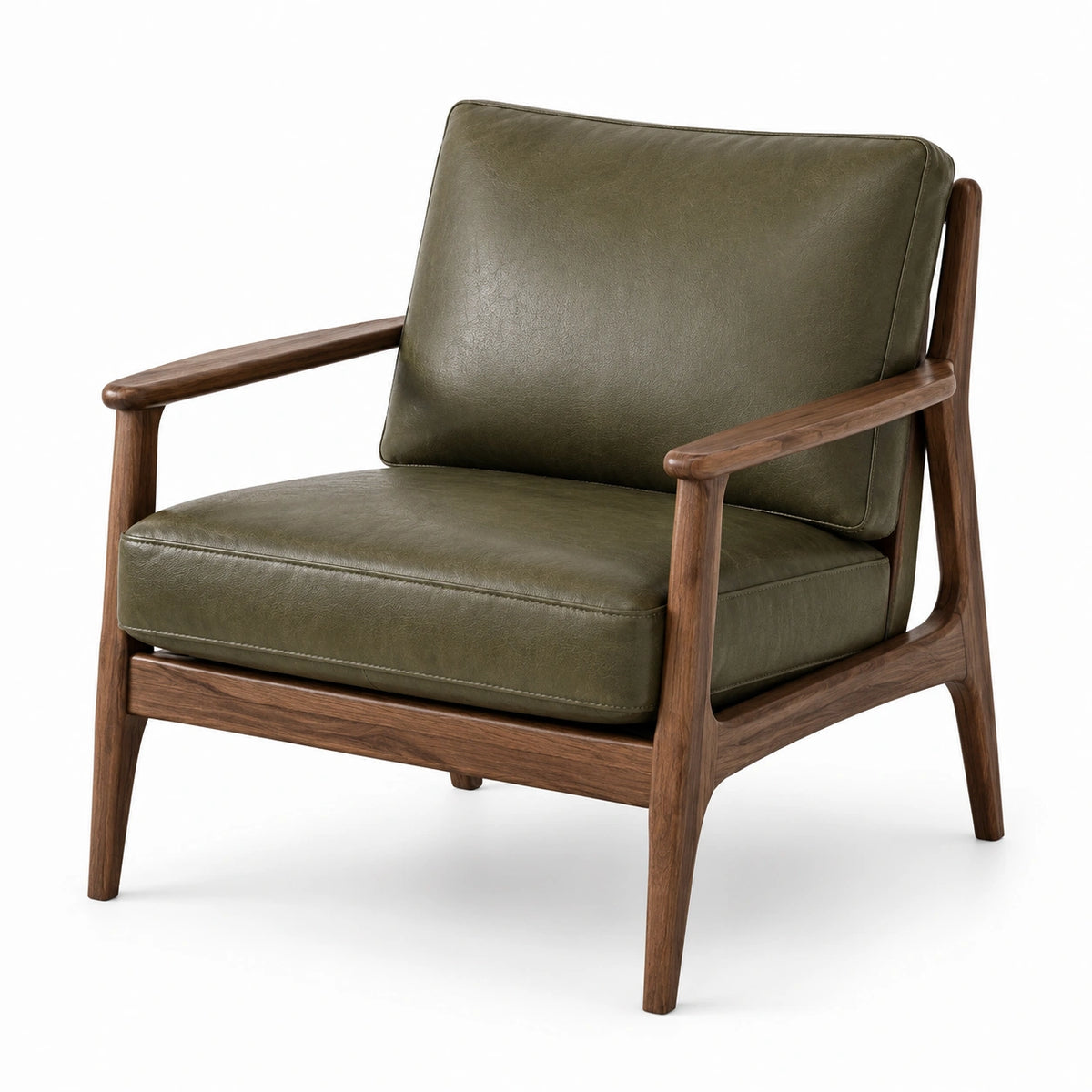 Poltrona moderna in legno marrone con rivestimento effetto pelle verde oliva, 76 × 82 × 83 cm