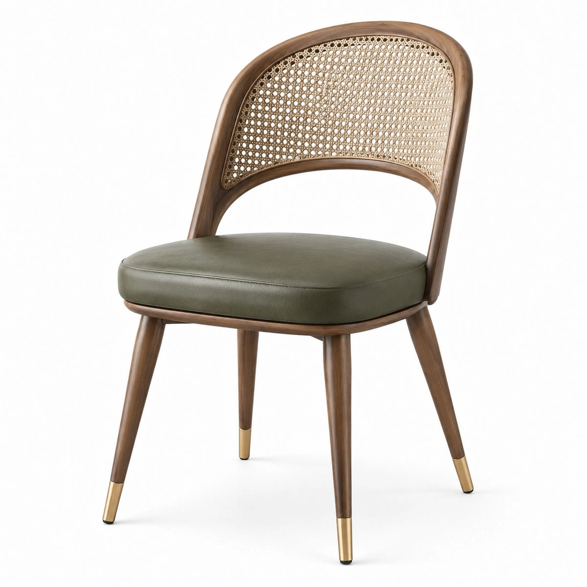 Sedia retrò in legno marrone 52 × 56 × 82 cm con schienale intrecciato e seduta imbottita verde oliva
