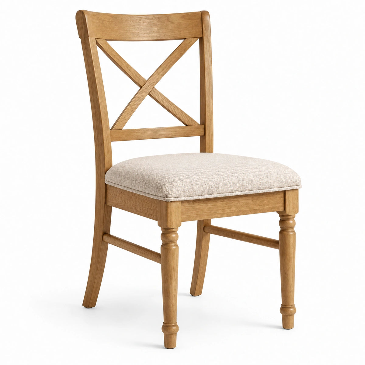 Sedia in legno marrone naturale con seduta imbottita beige e schienale a croce, 48 x 55 x 95 cm
