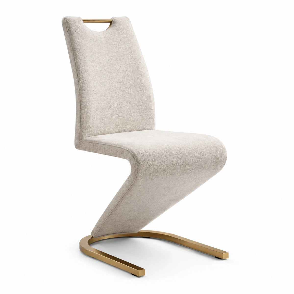 Sedia moderna a sbalzo in tessuto beige con base in metallo dorato, 50 × 60 × 100 cm