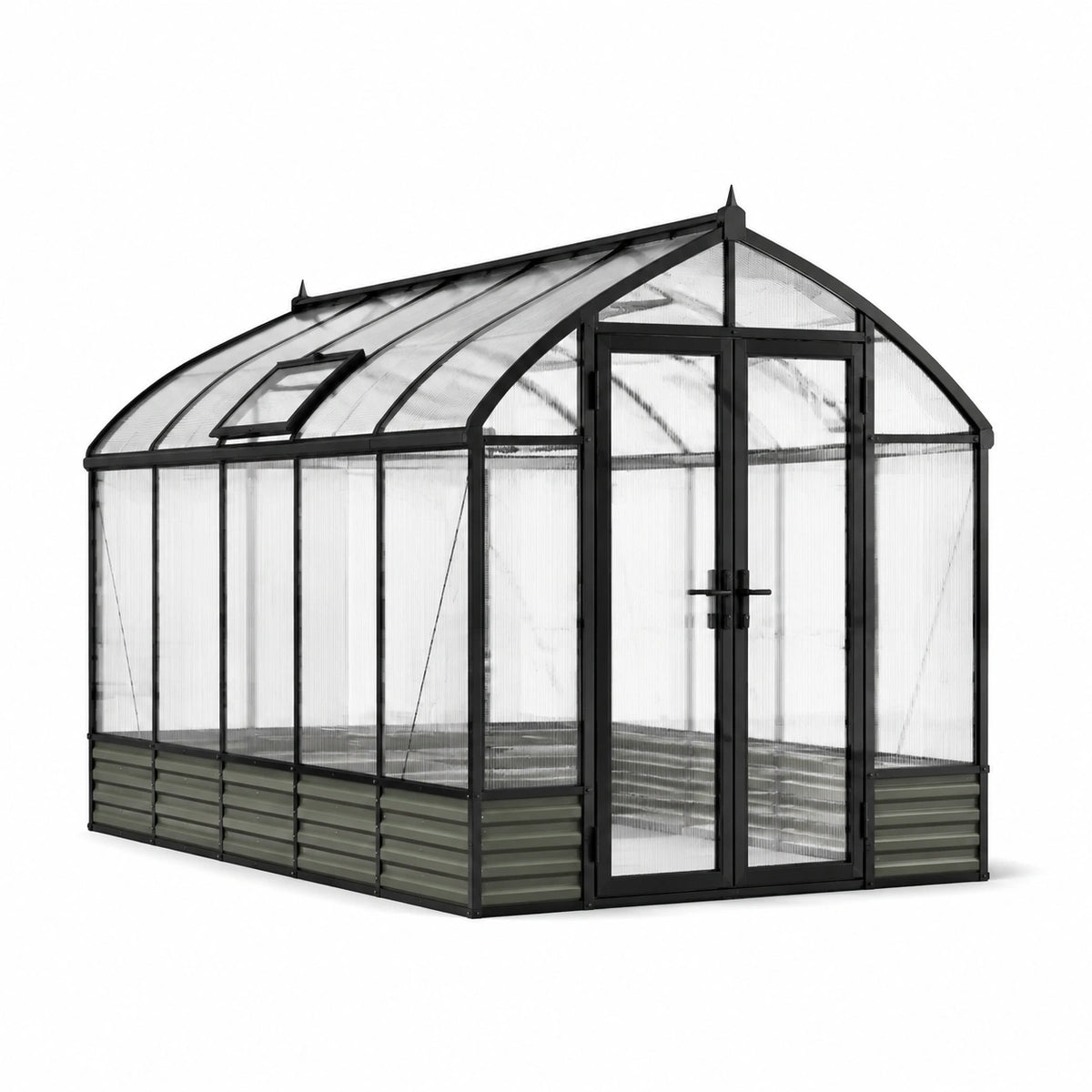 Serra da giardino in alluminio e policarbonato 306 × 244 × 227 cm, nera, verde oliva e trasparente, con doppia porta e finestra apribile