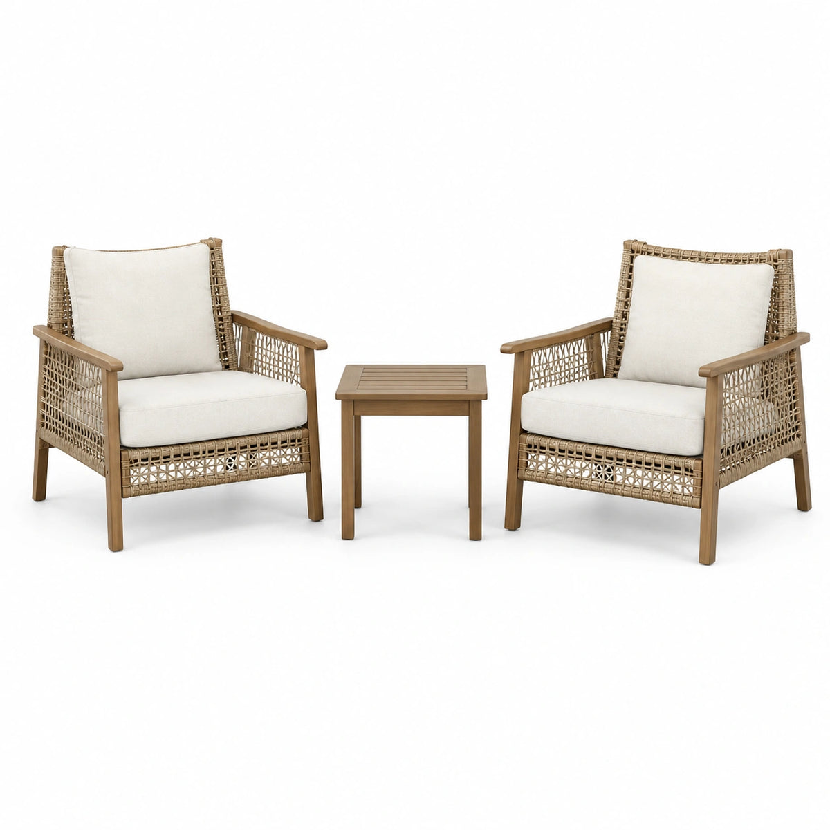 Set da giardino beige e bianco, 3 pezzi, 2 poltrone da 72 × 78 × 84 cm e tavolino da 50 × 50 × 50 cm