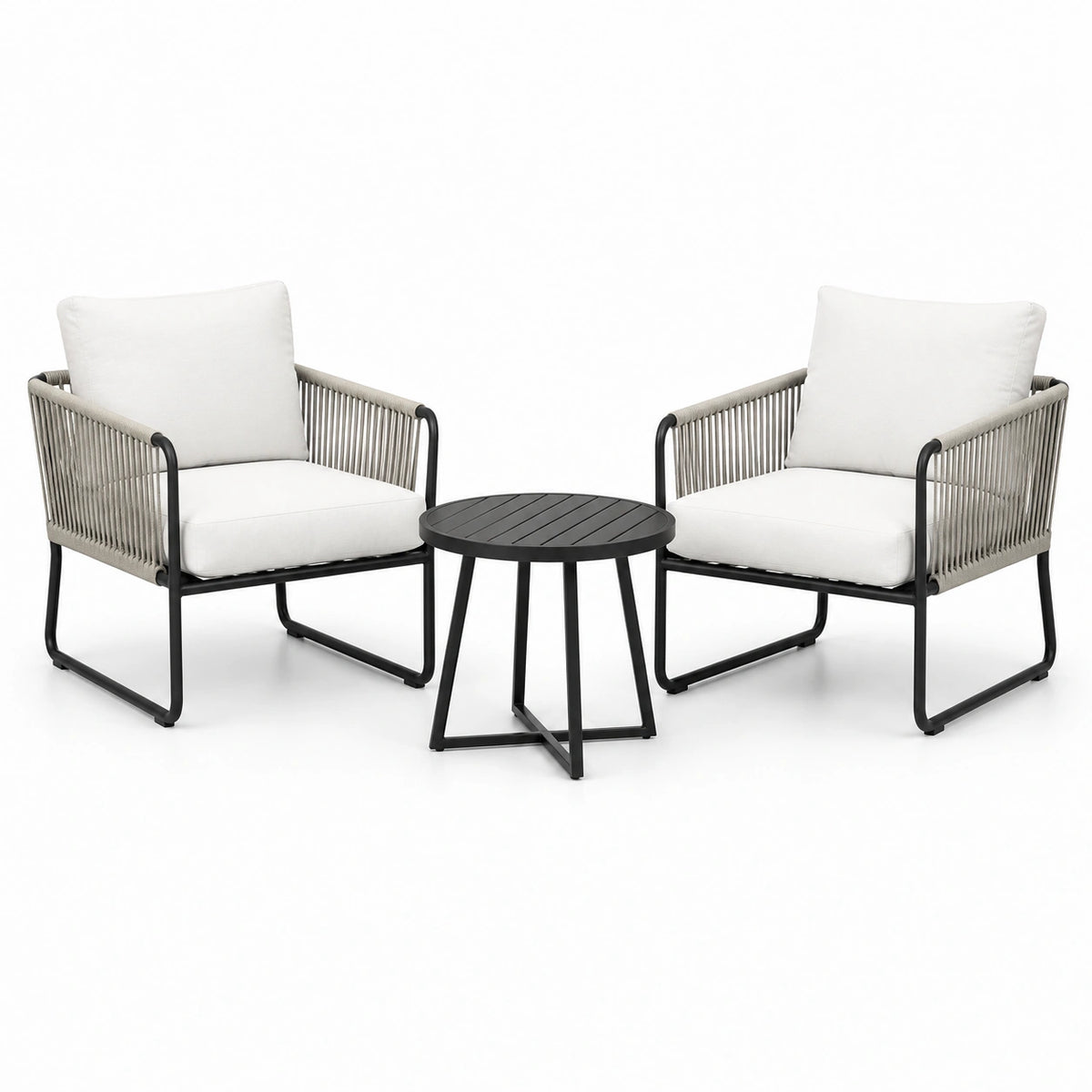 Set da esterno 3 pezzi con 2 poltrone 70 × 73 × 80 cm e tavolino rotondo Ø 55 × 45 cm, bianco, grigio e nero